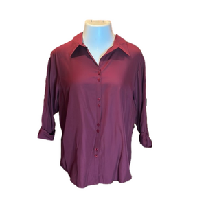 DRESSBARN Burgundy Wine Button Down 3/4 Sleeve Blouse Size XL